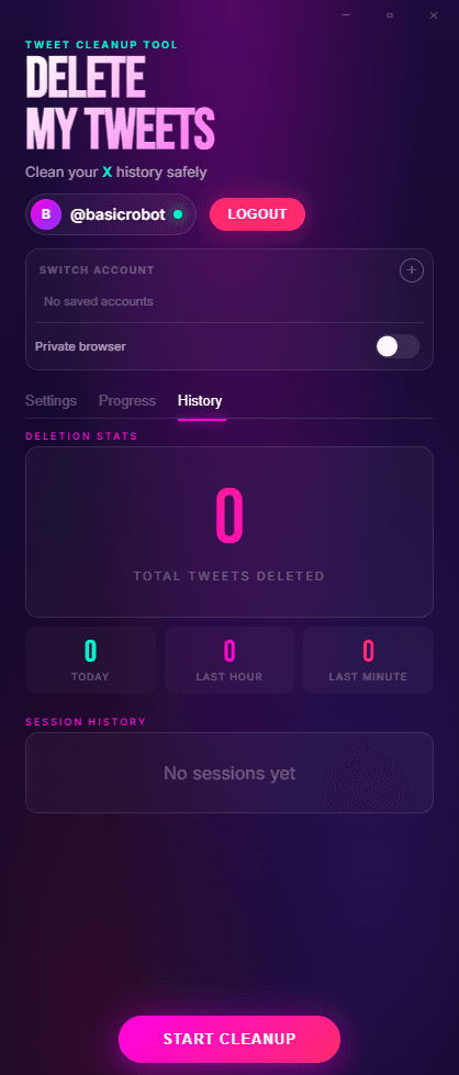 Delete My Tweets - History Tab